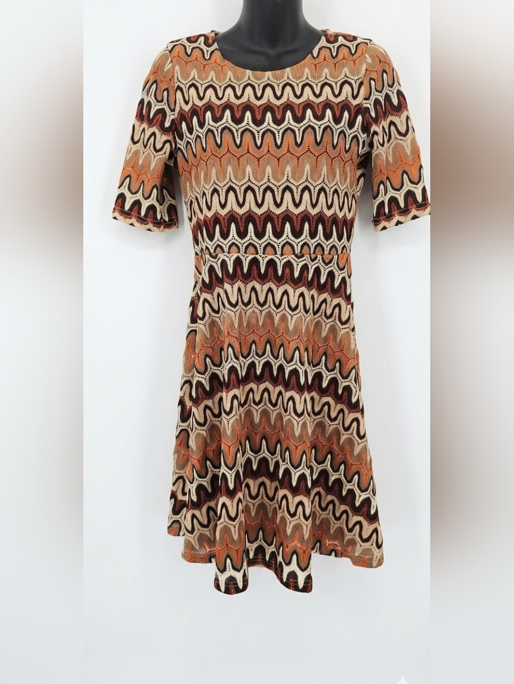 [Glamorous]Retro Skater Mini  Dress Knit Chevron Orange, Brown & Cream Women 10